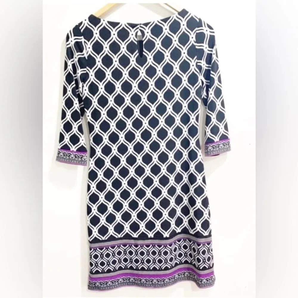 White House Black Market Black White Geometric Shift Dress Purple Trim — XS